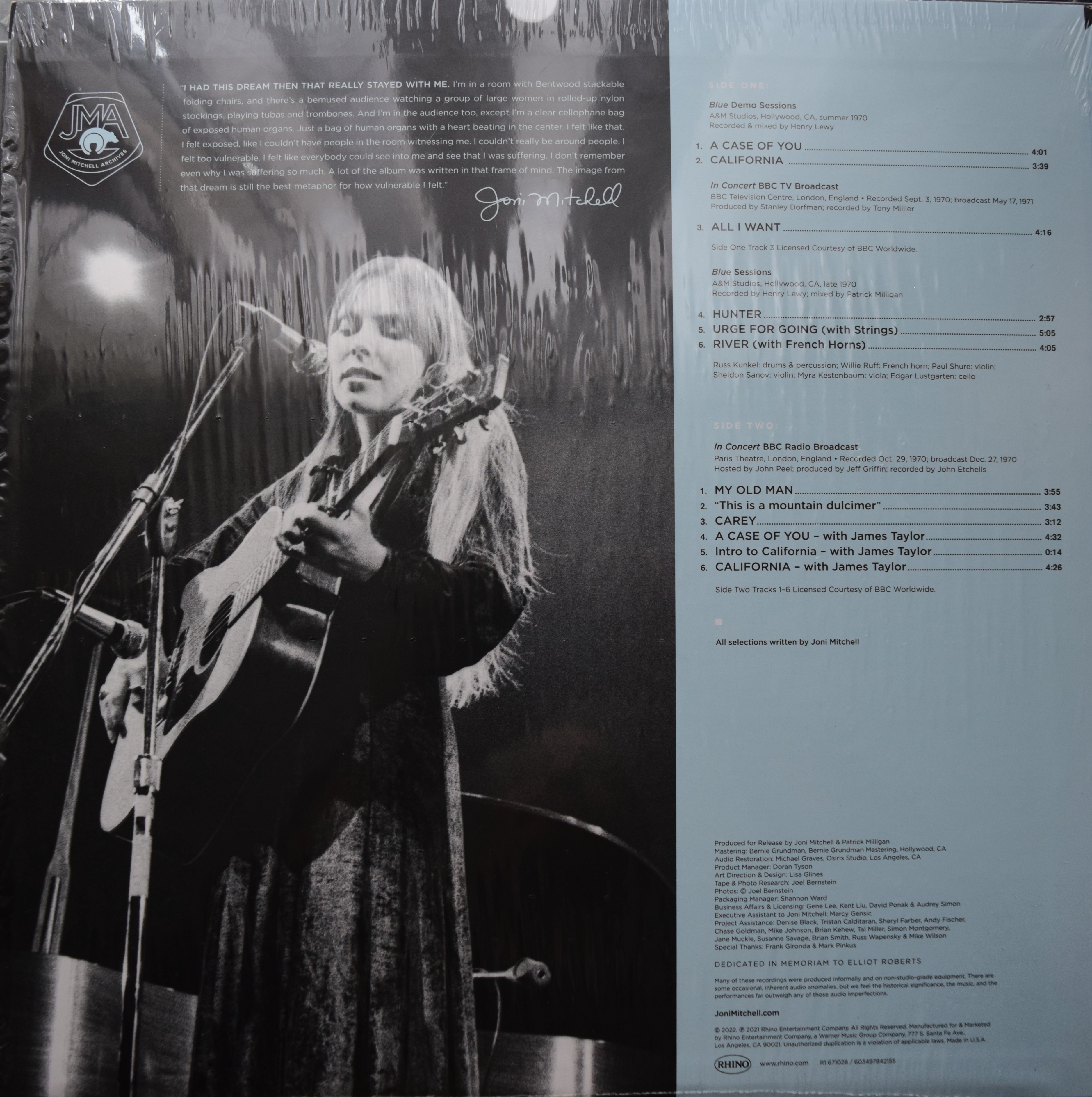 Back cover of Joni Mitchell's Blue Highlights vinyl LP, showing the track listing